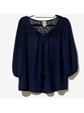 Naif Womens Navy Blue Lace Boho Peasant Top Size Large